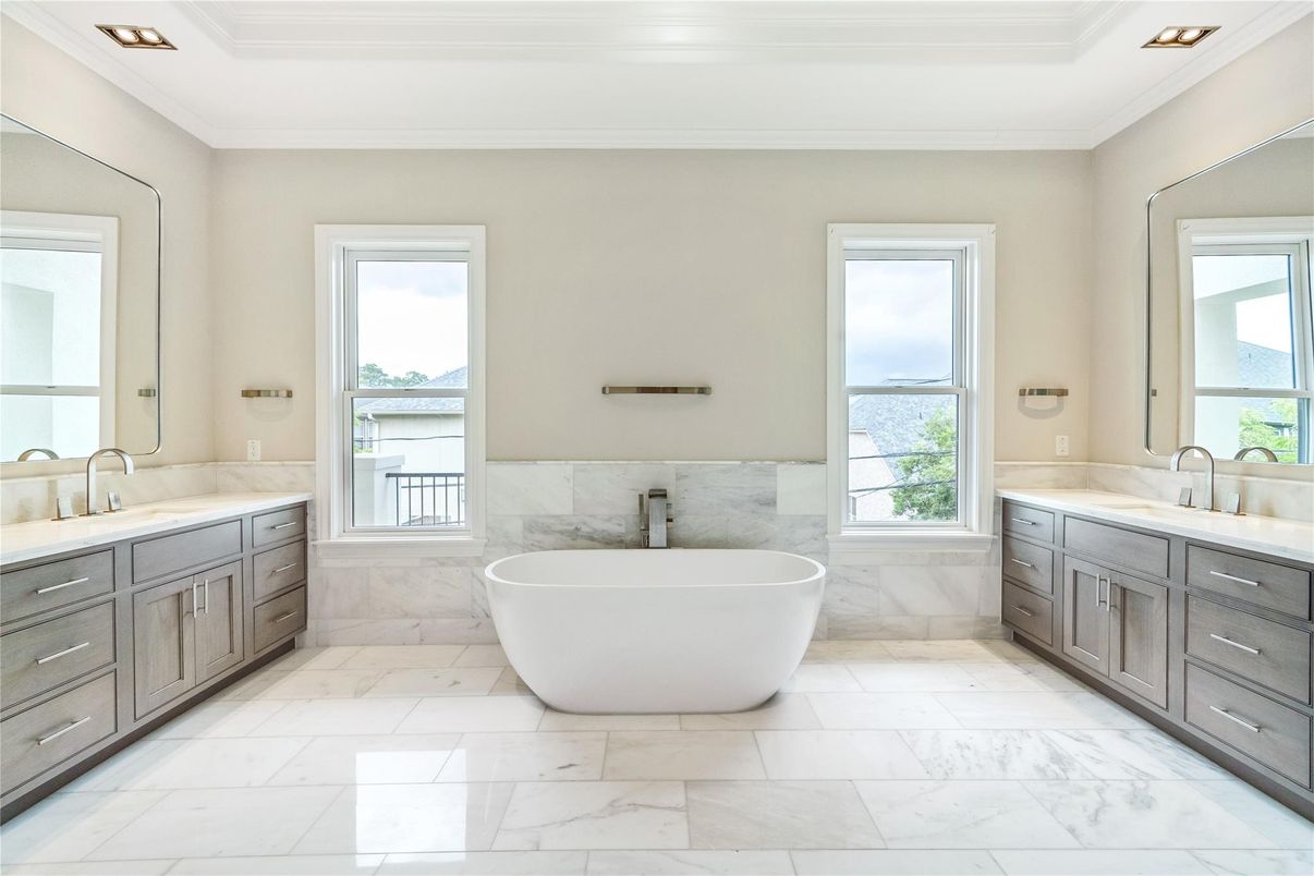 Bathroom, Dual Sink Vanities, Free Standing Baths, Interior, Marble, Marble Walls