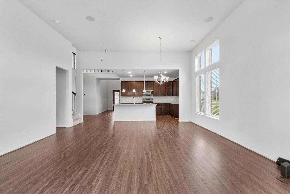 Chandelier, Empty room, Interior, Kitchen, Pendant Lights, Recessed Lighting, Wood Texture Flooring