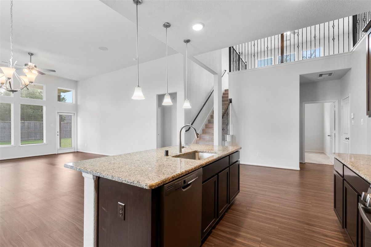 Interior, Kitchen, Pendant Lights, Recessed Lighting, Wood Texture Flooring