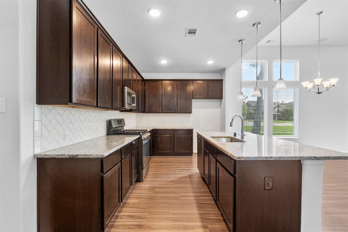 Chandelier, Interior, Kitchen, Pendant Lights, Recessed Lighting, Wood Texture Flooring