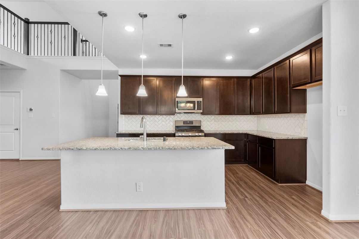 Interior, Kitchen, Pendant Lights, Recessed Lighting, Stainless Steel Appliances, Wood Texture Flooring