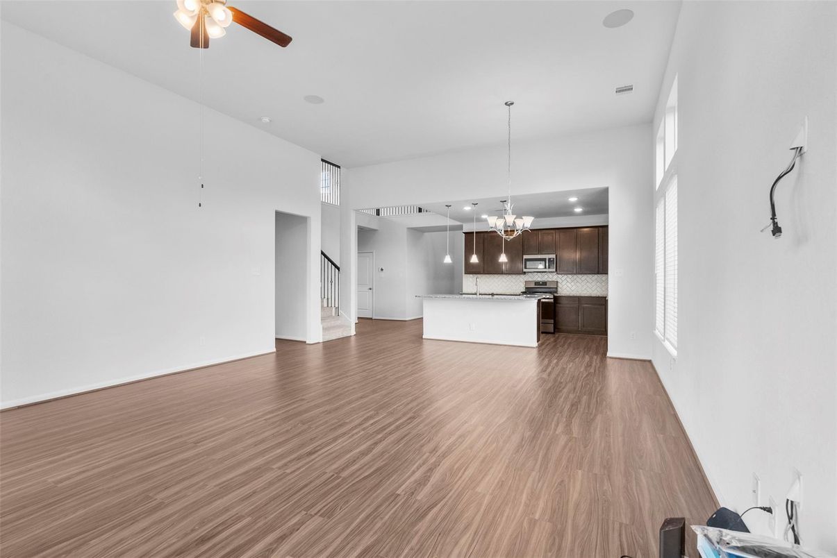 Chandelier, Interior, Kitchen, Pendant Lights, Recessed Lighting, Wood Texture Flooring