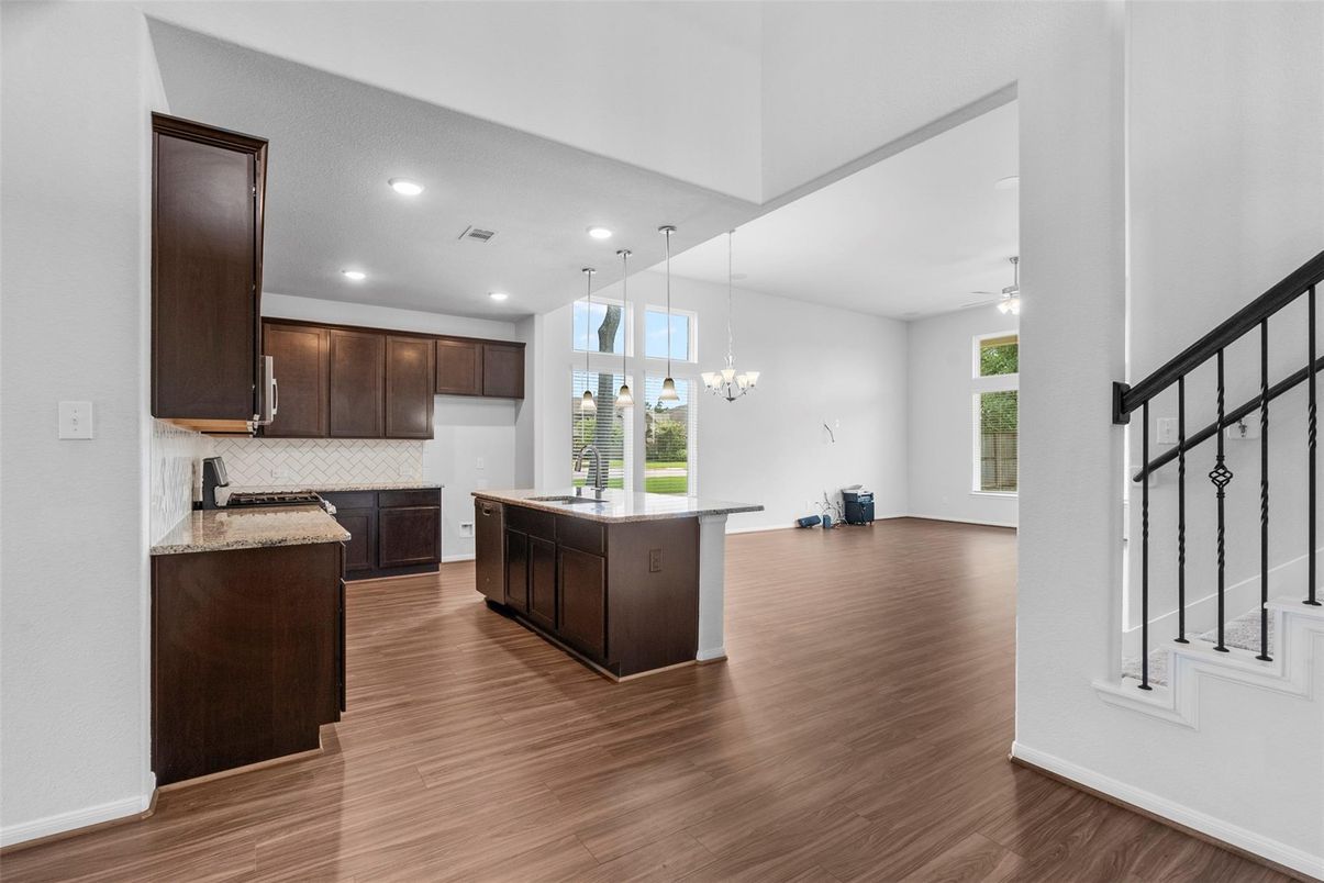 Interior, Kitchen, Pendant Lights, Recessed Lighting, Wood Texture Flooring