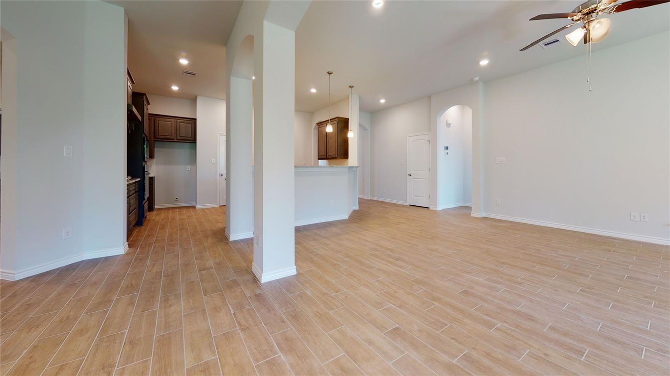 Empty room, Interior, Pendant Lights, Recessed Lighting, Wood Texture Flooring