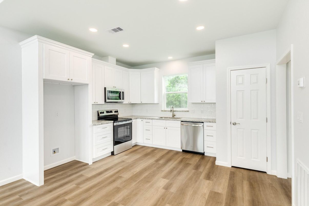 Interior, Kitchen, Recessed Lighting, Stainless Steel Appliances, Wood Texture Flooring