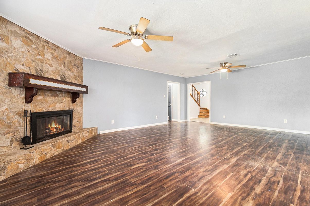 Empty room, Fireplace, Interior, Stone Walls, Wood Texture Flooring