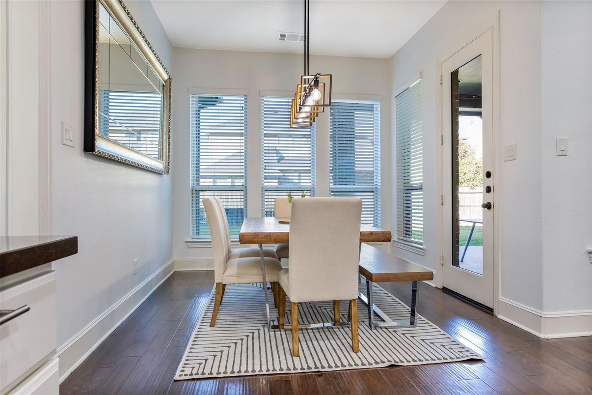 Dining room, Interior, Pendant Lights, Wood Texture Flooring