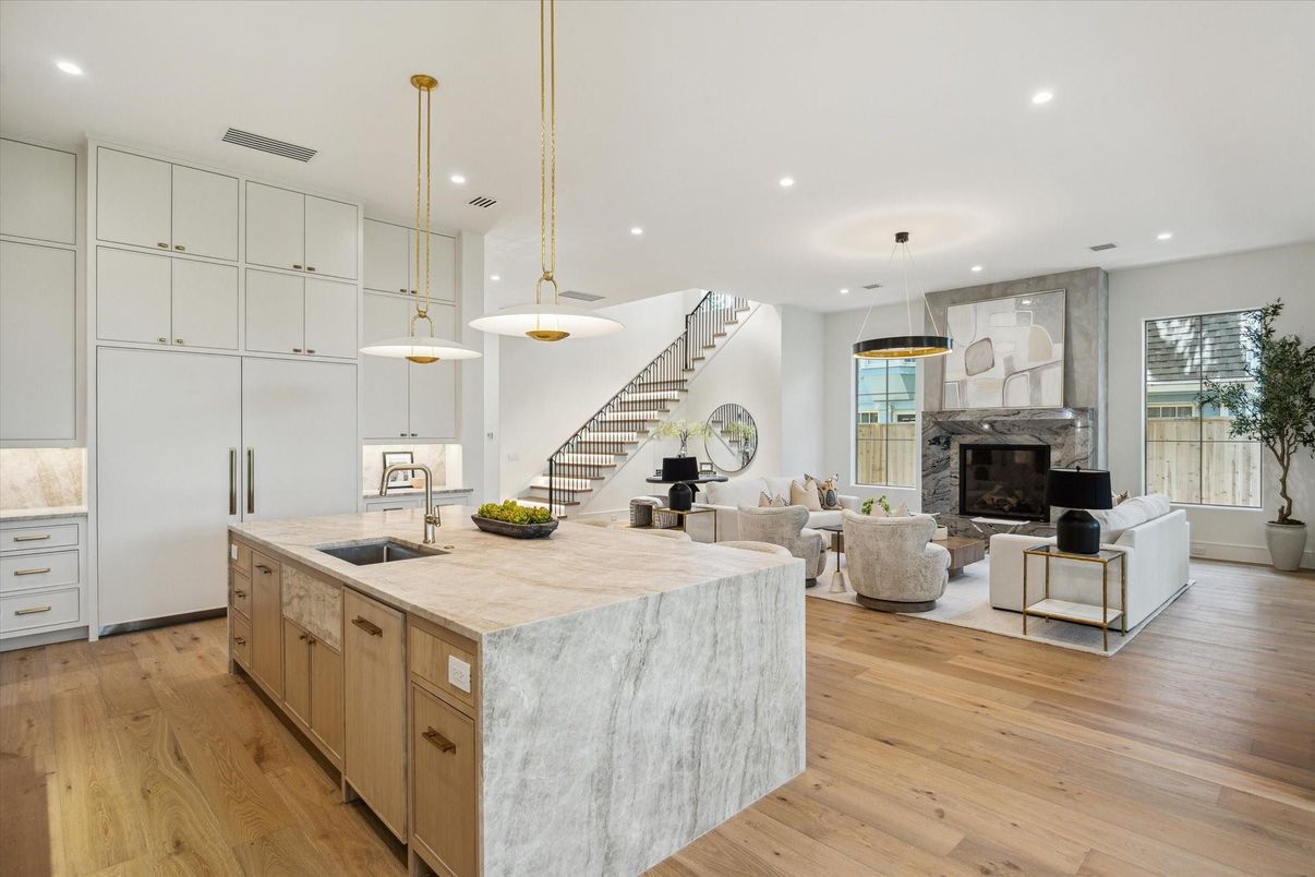 Fireplace, Interior, Kitchen, Living room, Pendant Lights, Recessed Lighting, Wood Texture Flooring