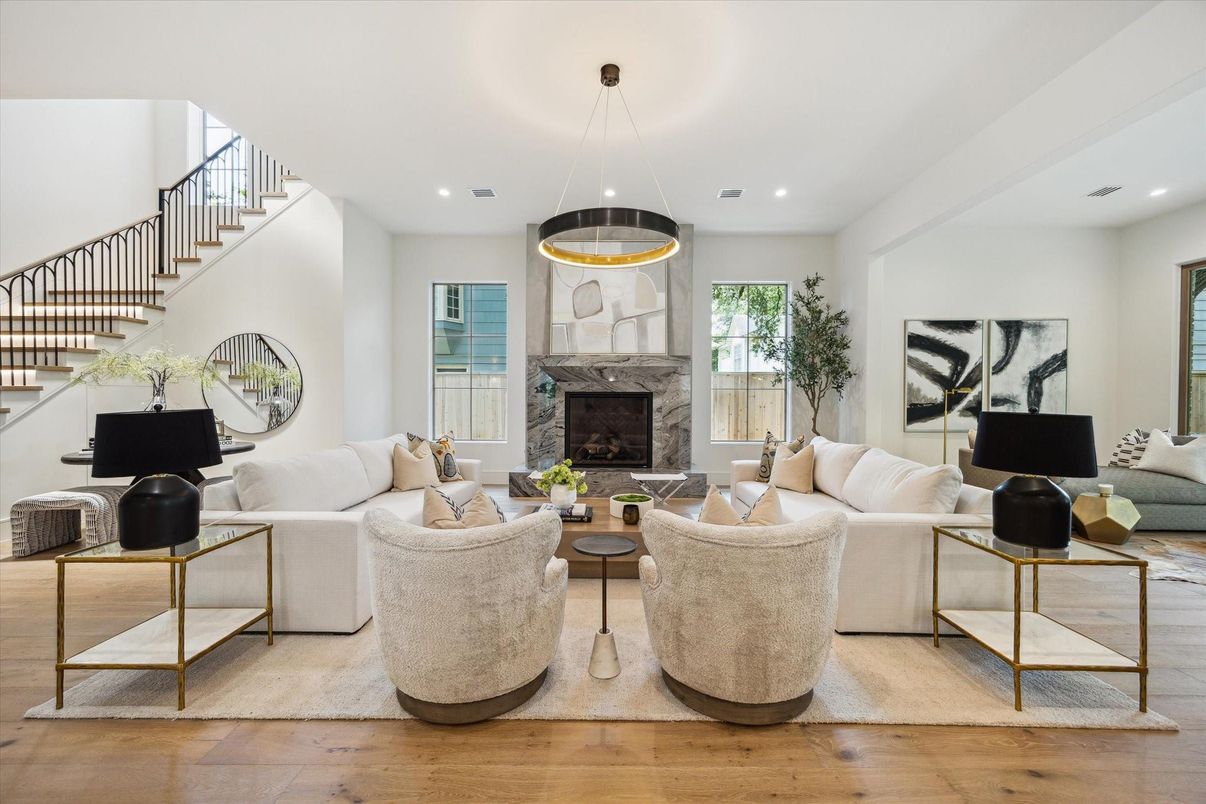 Fireplace, Interior, Living room, Pendant Lights, Recessed Lighting, Wood Texture Flooring