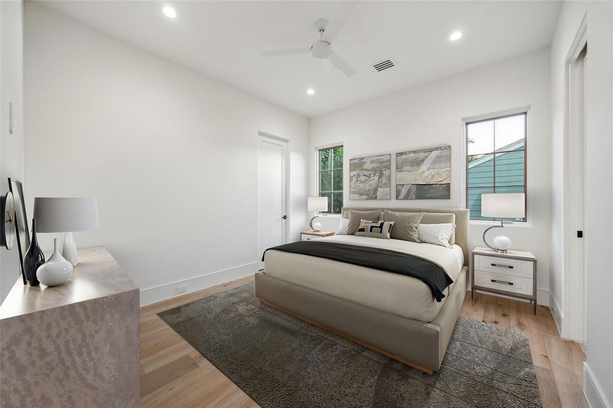 Bedroom, Interior, Recessed Lighting, Wood Texture Flooring