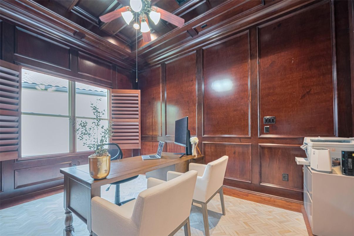 Home Office, Interior, Recessed Lighting, Wooden Ceilings, Wood Texture Flooring, Wooden Walls
