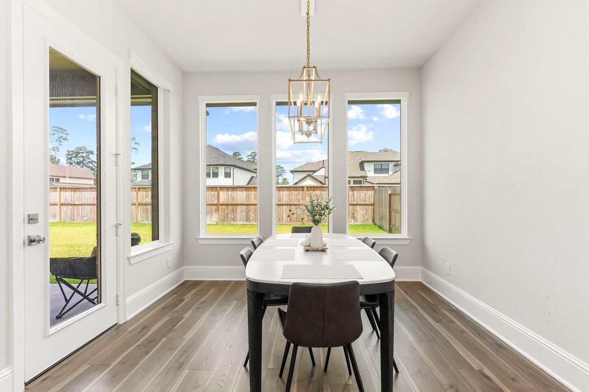 Dining room, Interior, Pendant Lights, Wood Texture Flooring