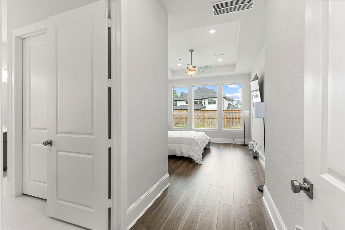 Bedroom, Interior, Recessed Lighting, Wood Texture Flooring
