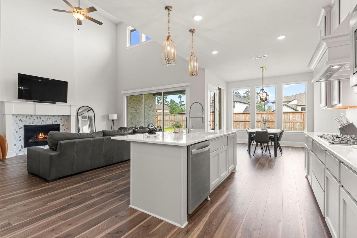 Chandelier, Dining room, Fireplace, Interior, Kitchen, Living room, Pendant Lights, Recessed Lighting, Wood Texture Flooring