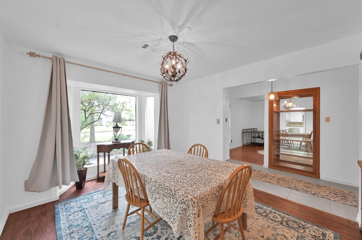 Dining room, Interior, Pendant Lights, Wood Texture Flooring