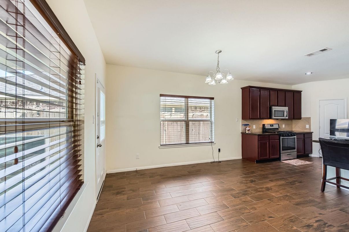 Chandelier, Interior, Kitchen, Pendant Lights, Recessed Lighting, Wood Texture Flooring