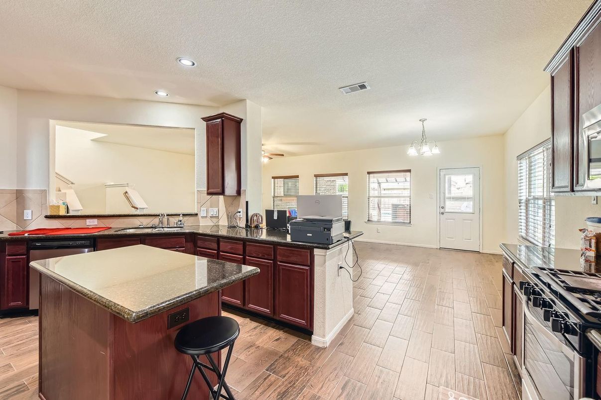 Chandelier, Interior, Kitchen, Recessed Lighting, Wood Texture Flooring