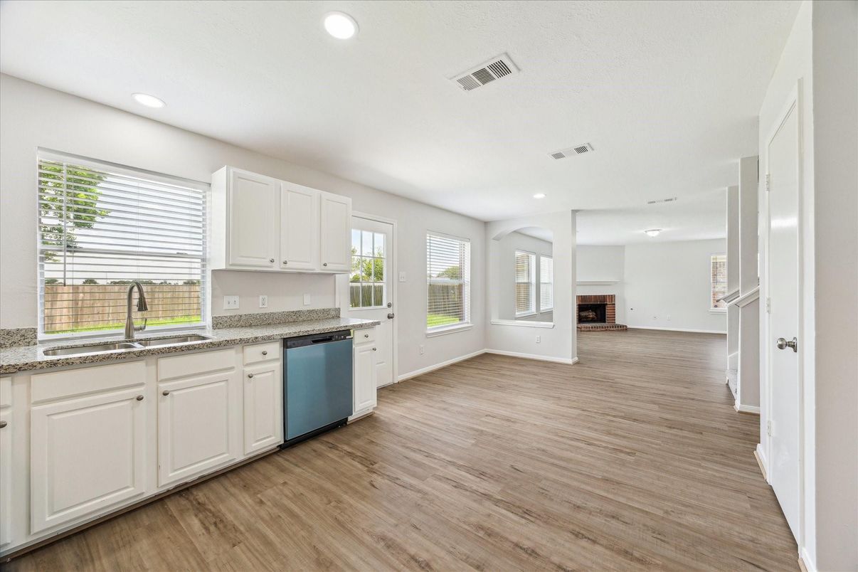 Empty room, Interior, Kitchen, Recessed Lighting, Wood Texture Flooring