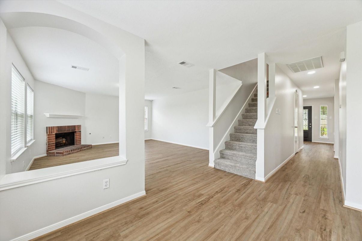 Fireplace, Interior, Recessed Lighting, Wood Texture Flooring