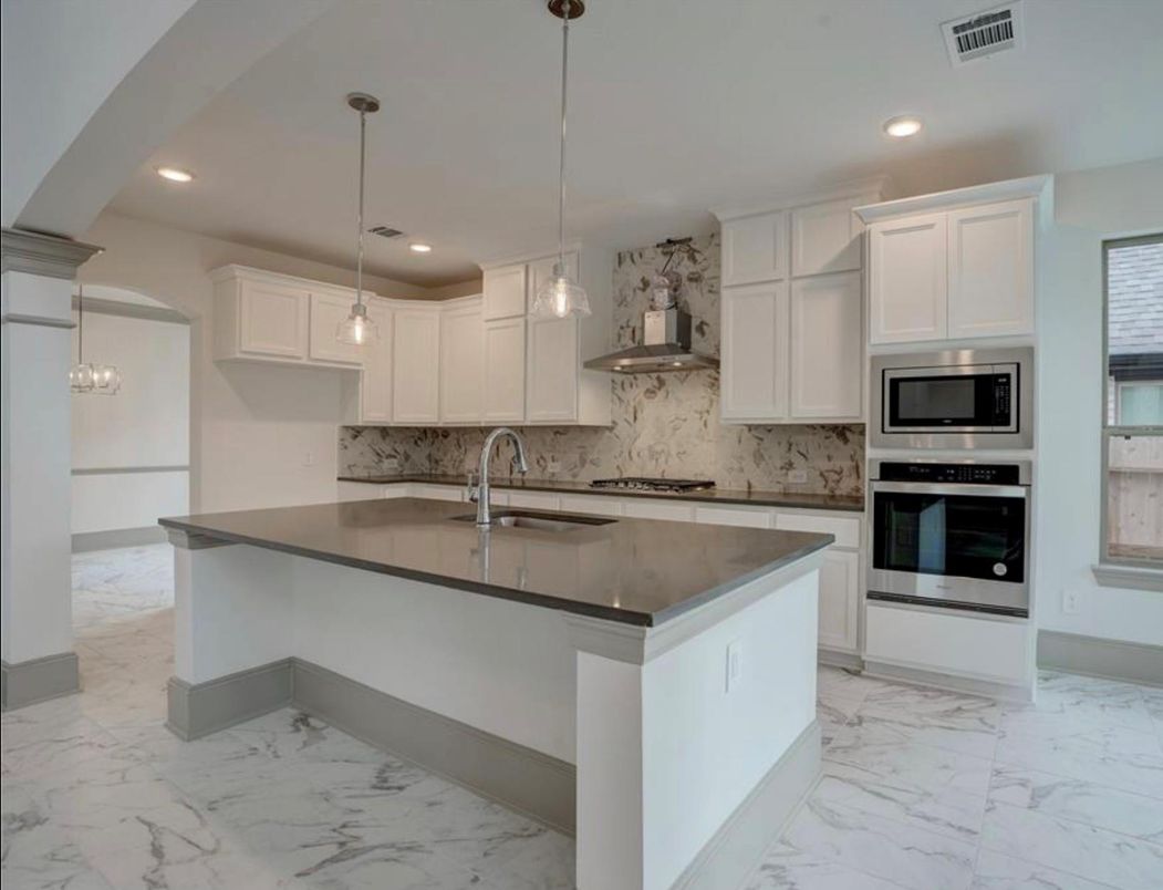 Interior, Kitchen, Marble, Pendant Lights, Recessed Lighting, Stainless Steel Appliances