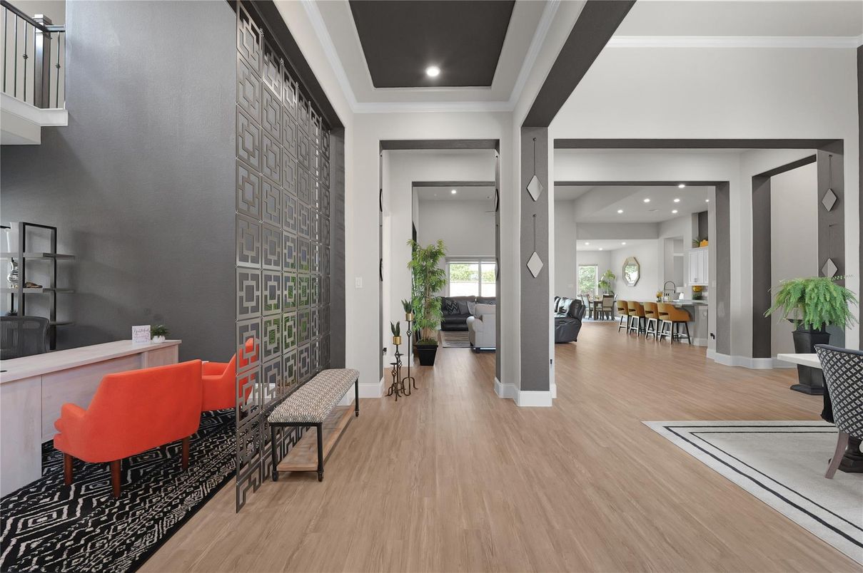 Dining room, Interior, Recessed Lighting, Wood Texture Flooring