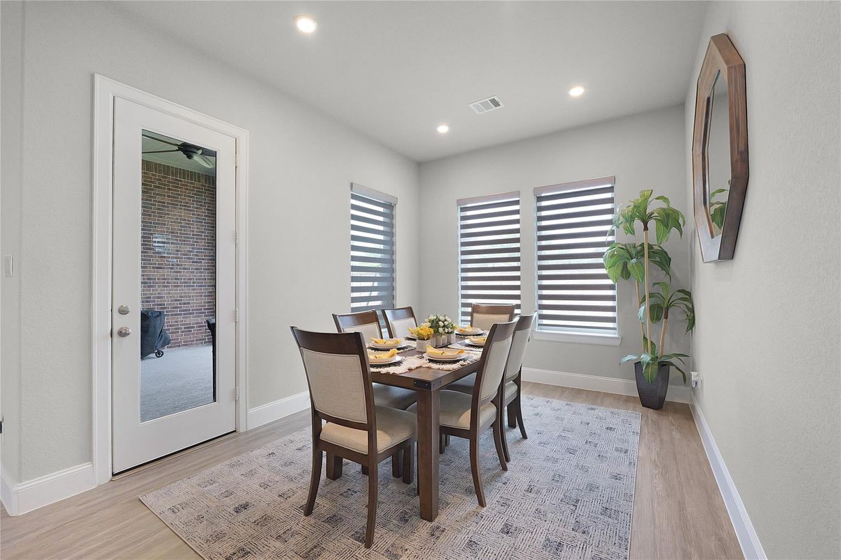 Dining room, Interior, Recessed Lighting, Wood Texture Flooring