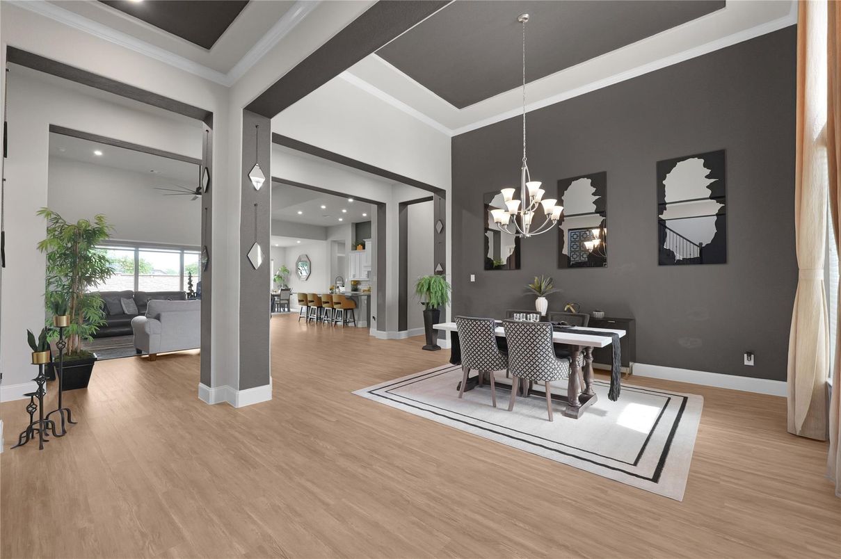 Chandelier, Dining room, Interior, Living room, Pendant Lights, Recessed Lighting, Wood Texture Flooring