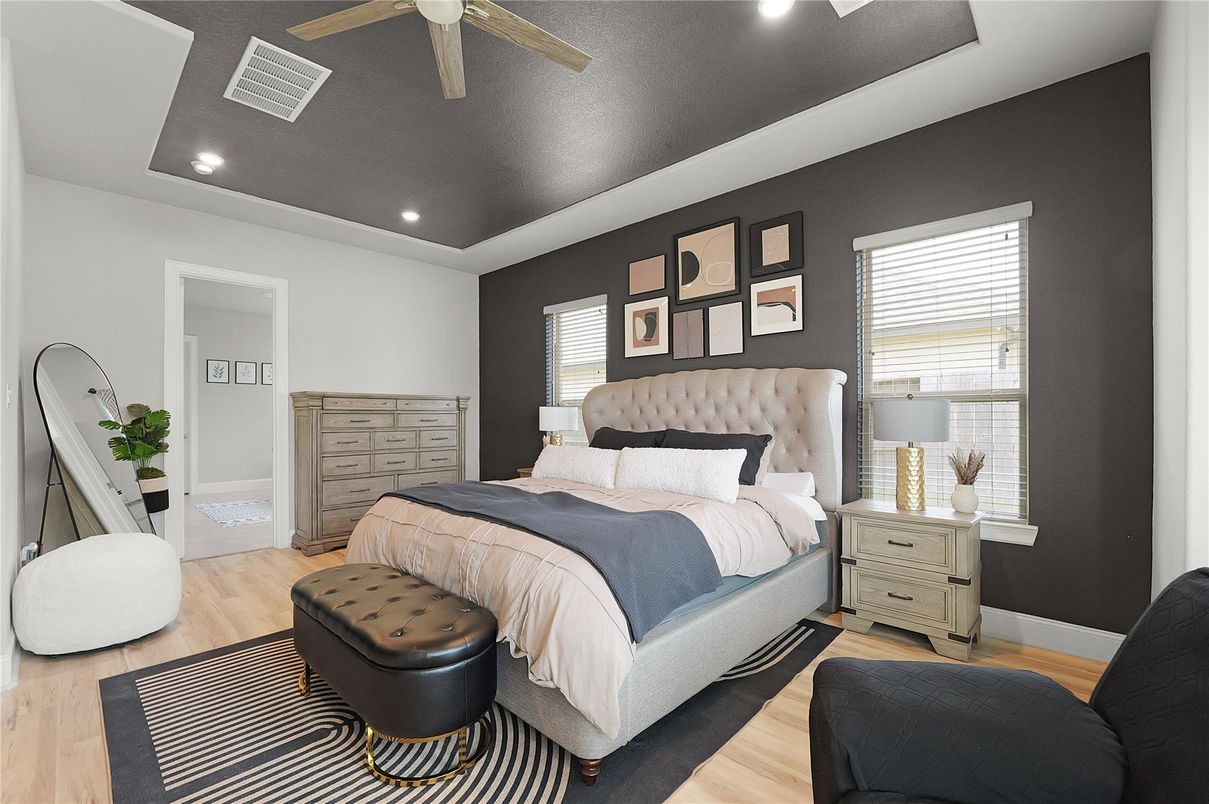 Bedroom, Interior, Recessed Lighting, Wood Texture Flooring