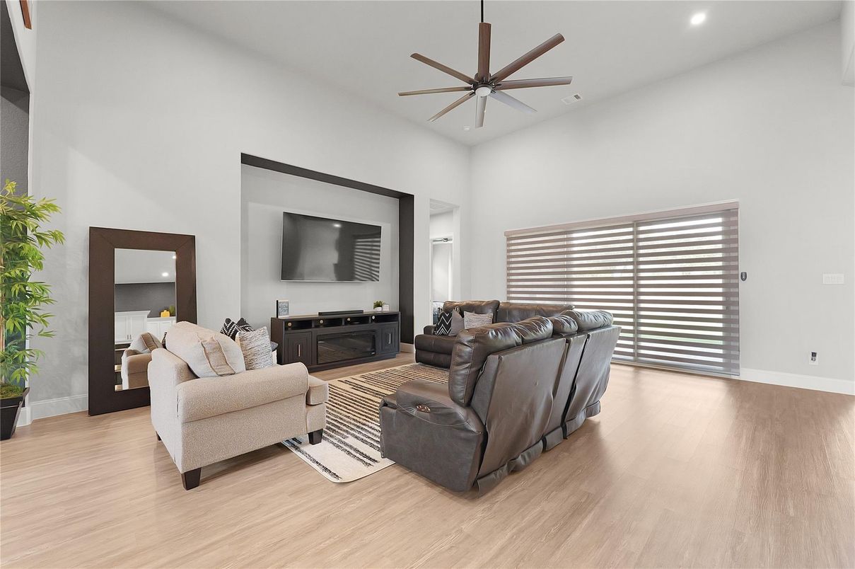 Fireplace, Interior, Living room, Recessed Lighting, Wood Texture Flooring