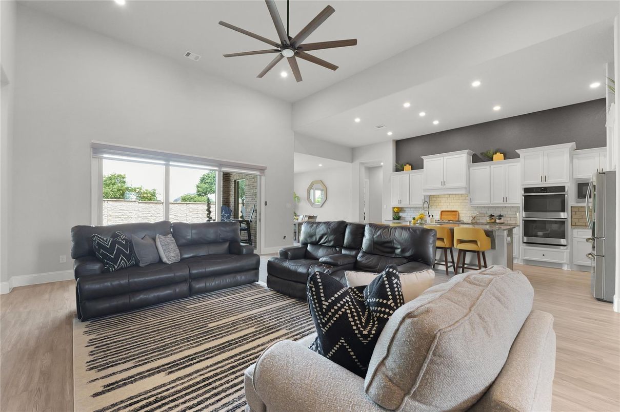 Interior, Kitchen, Living room, Recessed Lighting, Stainless Steel Appliances, Wood Texture Flooring