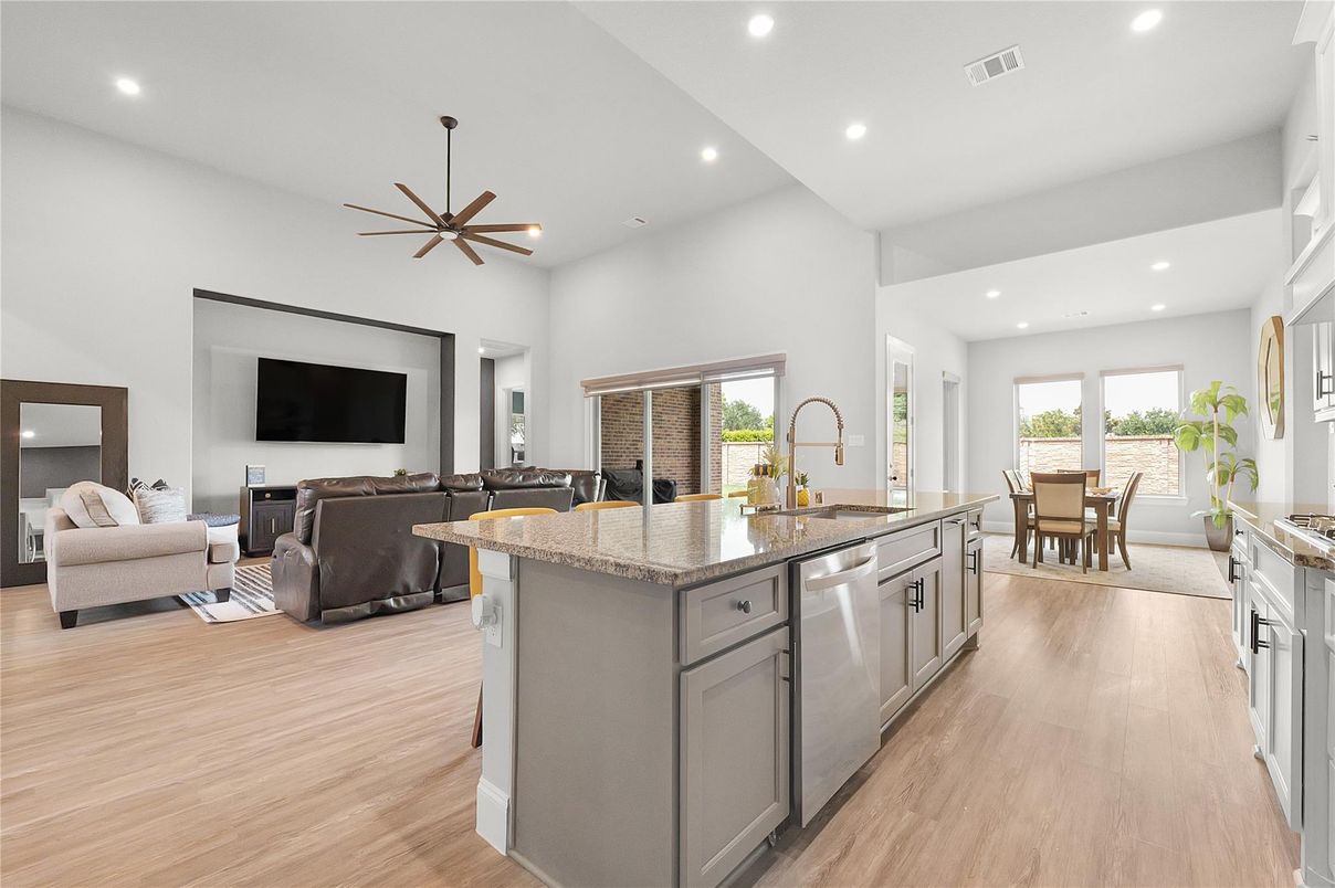 Dining room, Interior, Kitchen, Living room, Recessed Lighting, Wood Texture Flooring