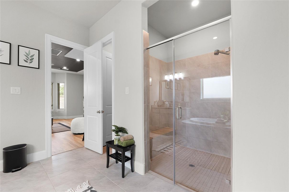 Bathroom, Glass Shower, Interior, Recessed Lighting, Wood Texture Flooring