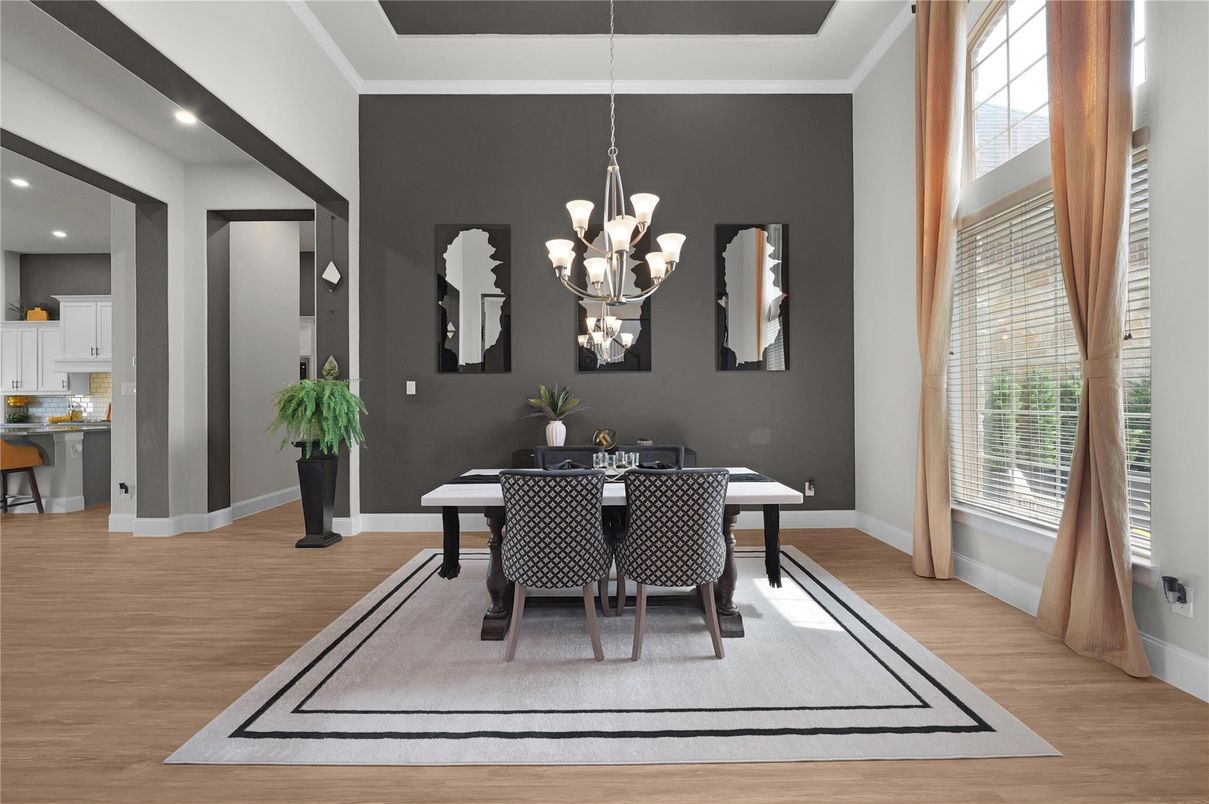 Chandelier, Dining room, Interior, Recessed Lighting, Wood Texture Flooring