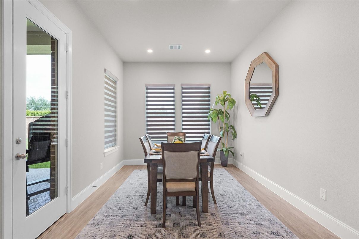 Dining room, Interior, Recessed Lighting, Wood Texture Flooring