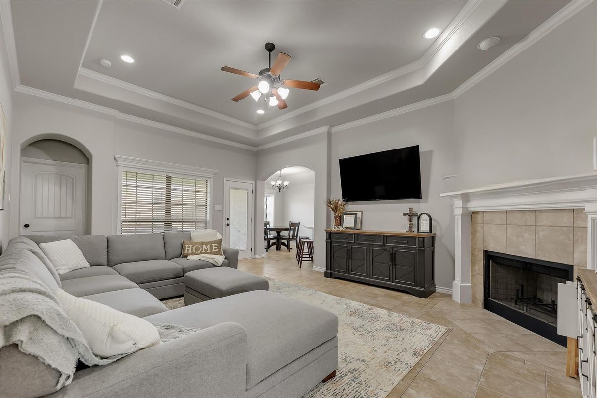 Chandelier, Dining room, Fireplace, Interior, Living room, Recessed Lighting