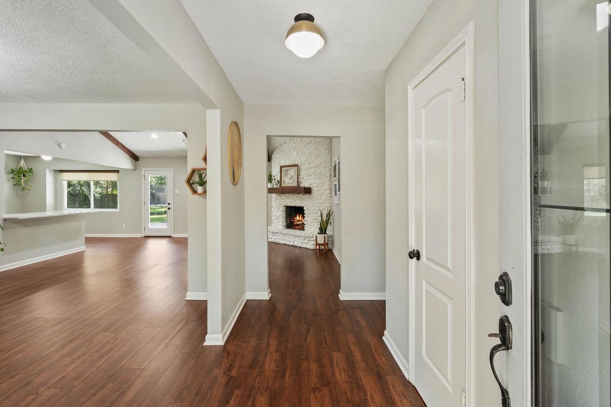 Fireplace, Interior, Recessed Lighting, Wood Texture Flooring