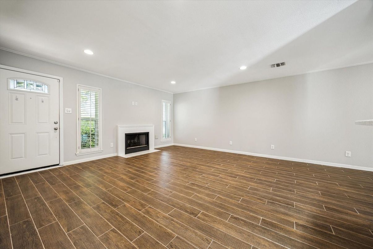 Empty room, Fireplace, Interior, Recessed Lighting, Wood Texture Flooring