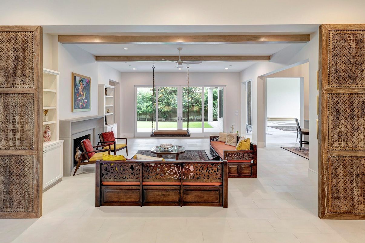 Fireplace, Interior, Living room, Recessed Lighting, Wooden Beams