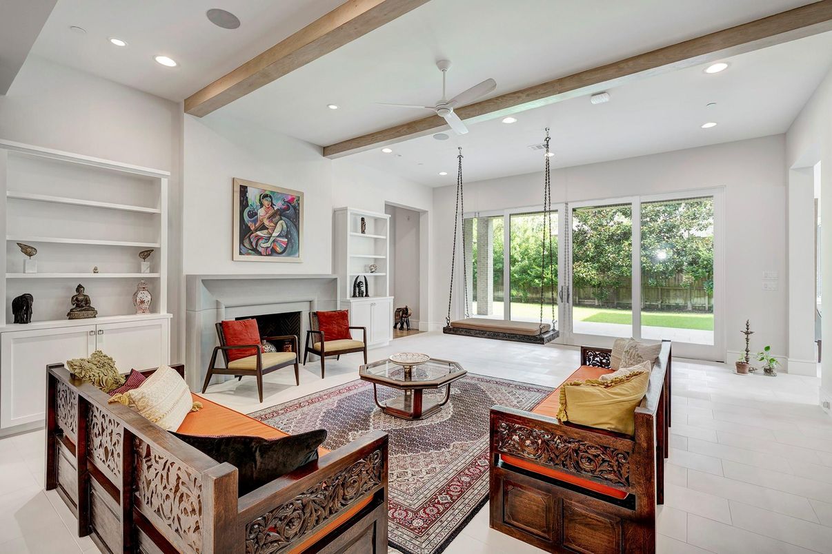 Fireplace, Interior, Living room, Recessed Lighting, Wooden Beams