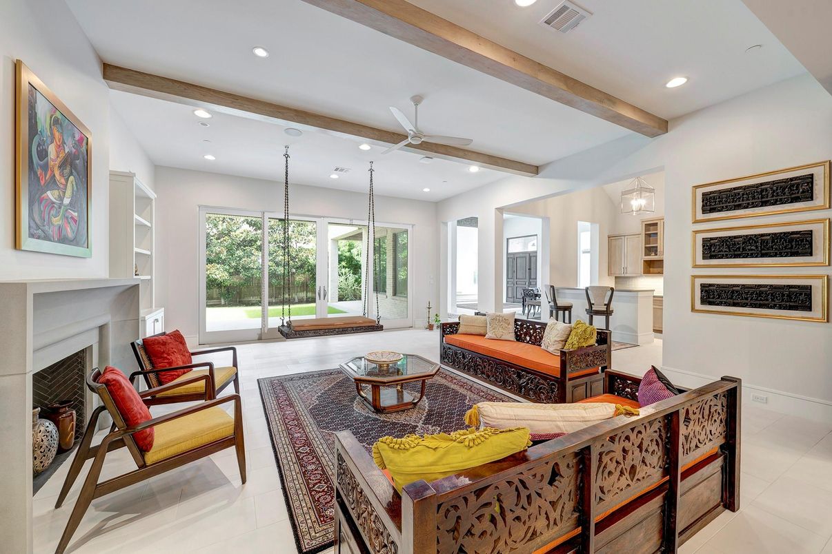 Fireplace, Interior, Living room, Pendant Lights, Recessed Lighting, Wooden Beams