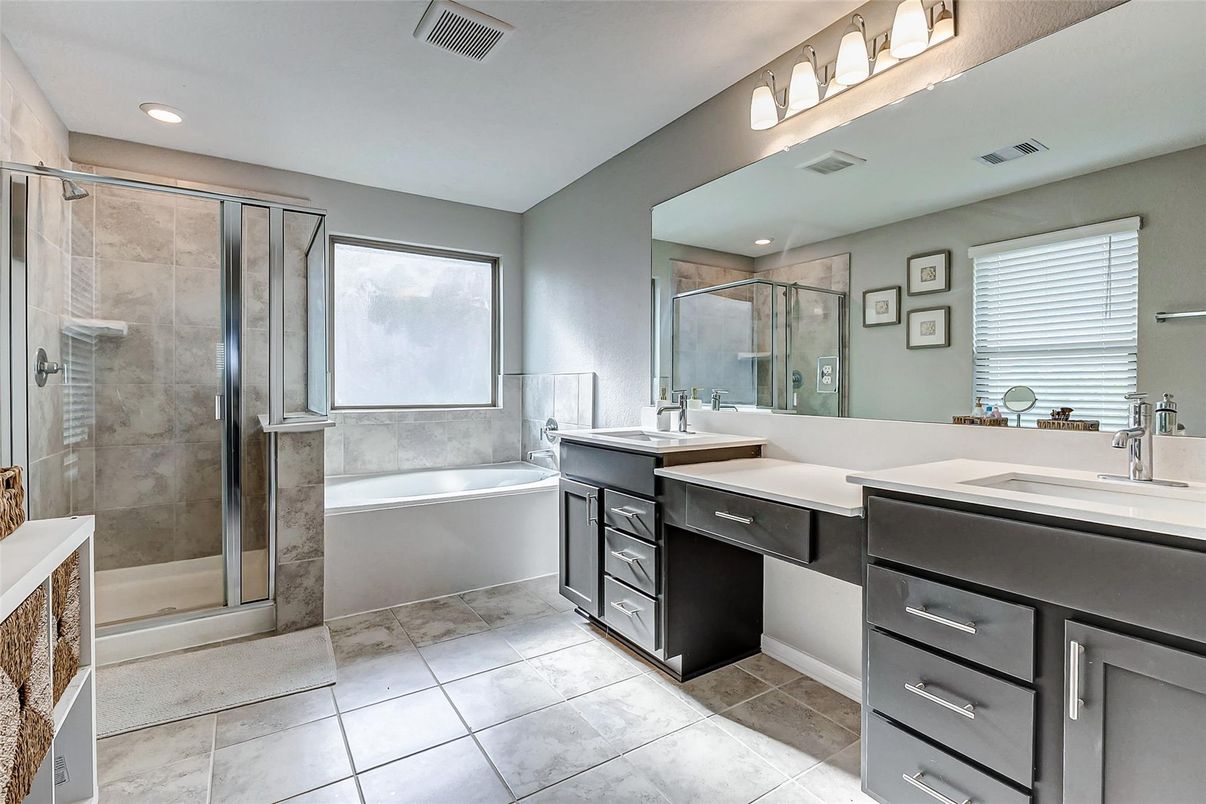 Bathroom, Dual Sink Vanities, Glass Shower, Interior, Recessed Lighting