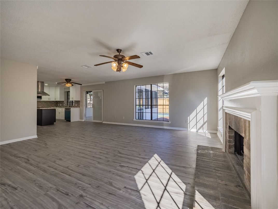 Empty room, Fireplace, Interior, Kitchen, Wood Texture Flooring