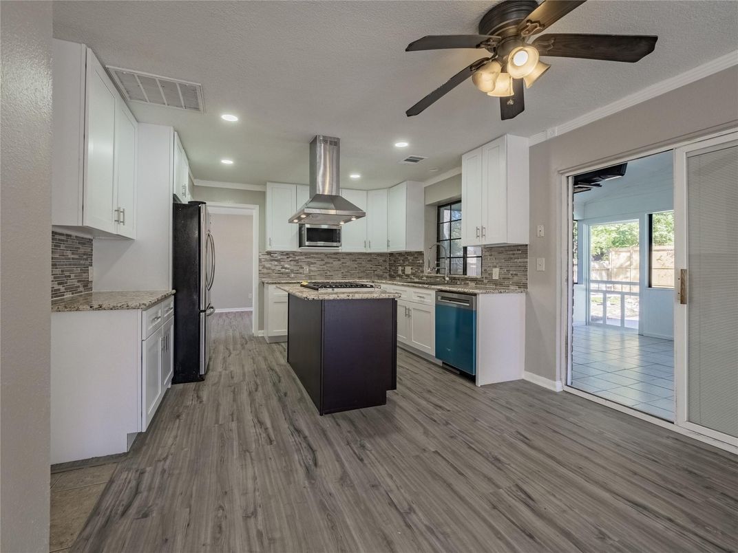 Interior, Kitchen, Recessed Lighting, Stainless Steel Appliances, Wood Texture Flooring