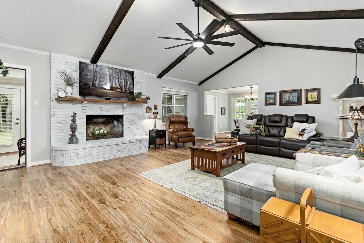 Fireplace, Interior, Living room, Pendant Lights, Wood Texture Flooring