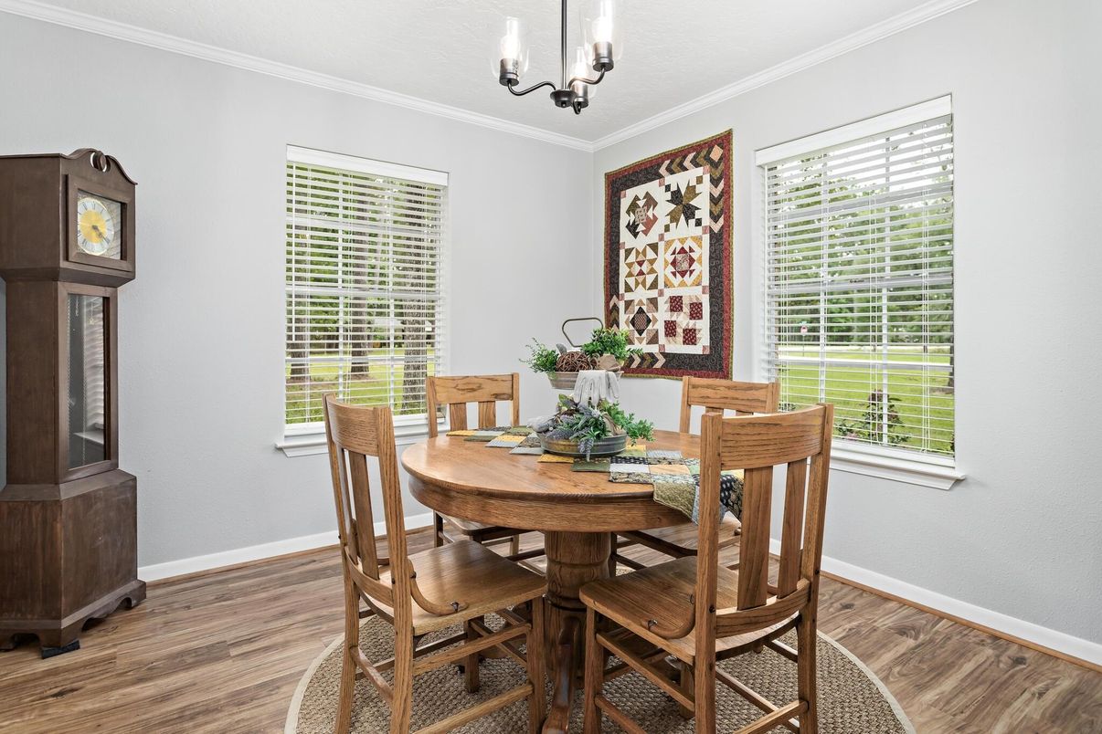Chandelier, Dining room, Interior, Wood Texture Flooring