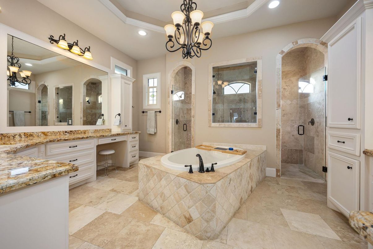 Bathroom, Chandelier, Dual Sink Vanities, Glass Shower, Interior, Recessed Lighting