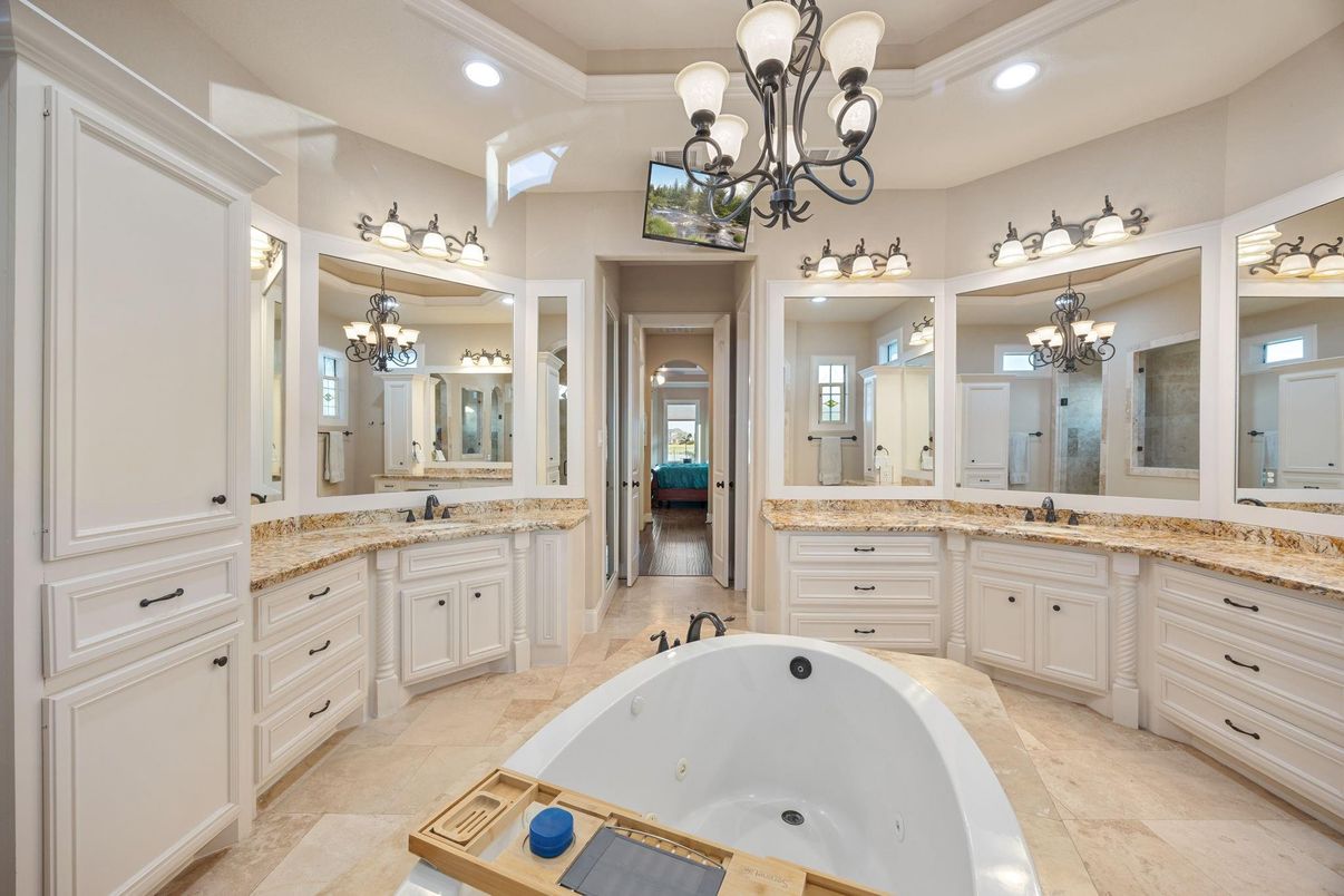 Bathroom, Chandelier, Dual Sink Vanities, Interior, Recessed Lighting