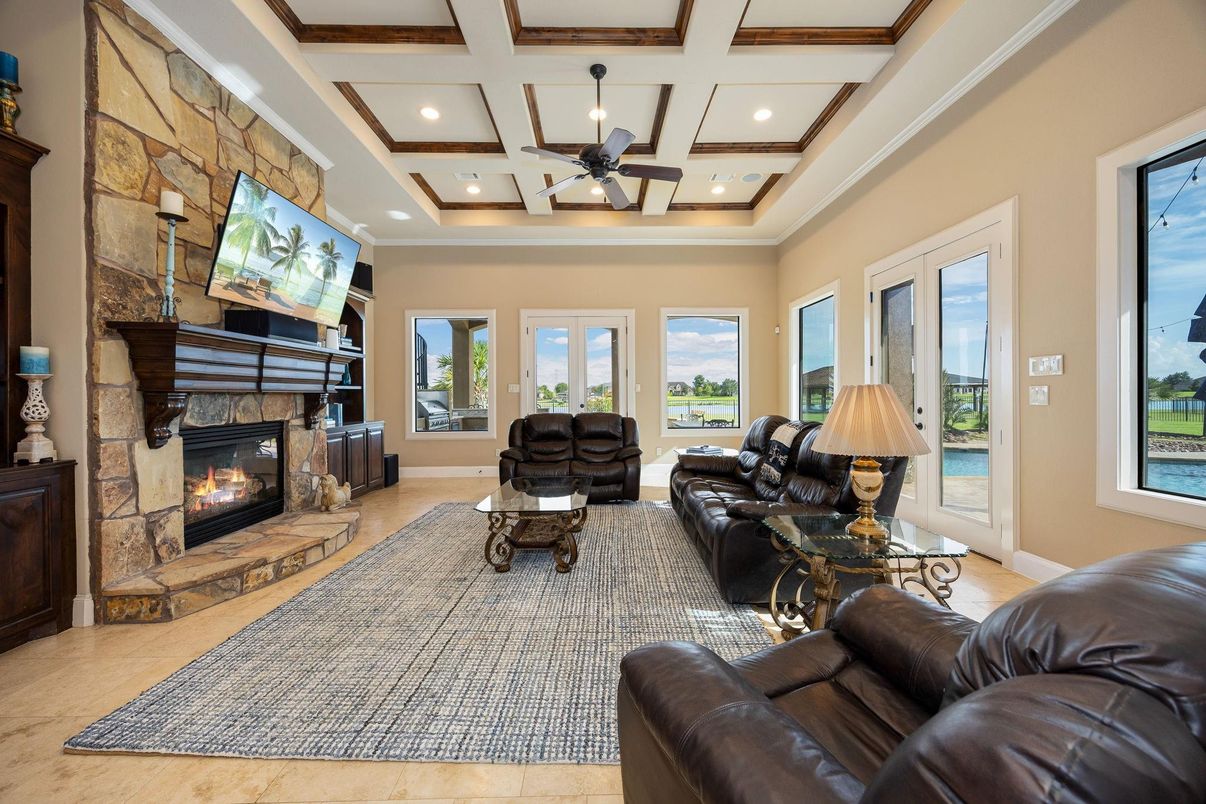 Fireplace, Interior, Living room, Recessed Lighting, Stone Walls