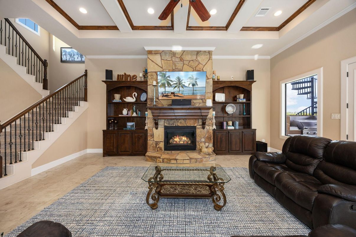 Fireplace, Interior, Living room, Recessed Lighting, Stone Walls