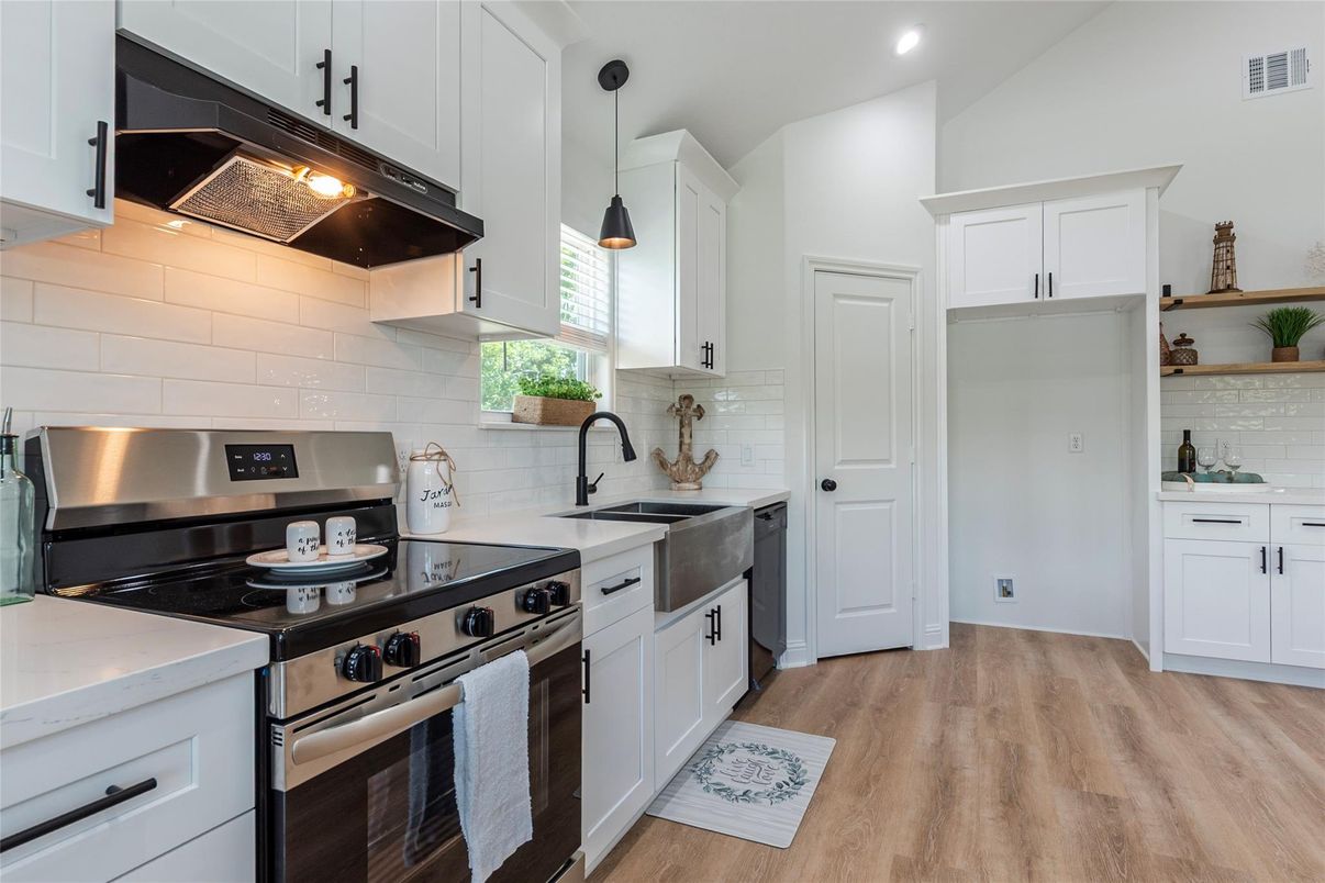 Interior, Kitchen, Pendant Lights, Recessed Lighting, Stainless Steel Appliances, Wood Texture Flooring